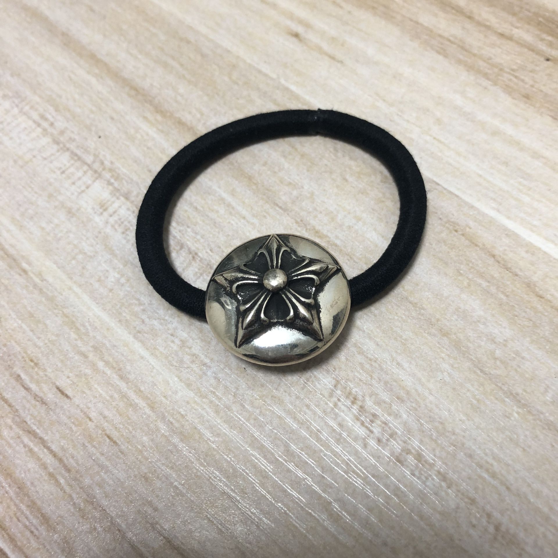 Chrome Hearts Vintage Elastic Band – 925 Sterling Silver Gothic Punk Hair Tie with Silver Floral Charm