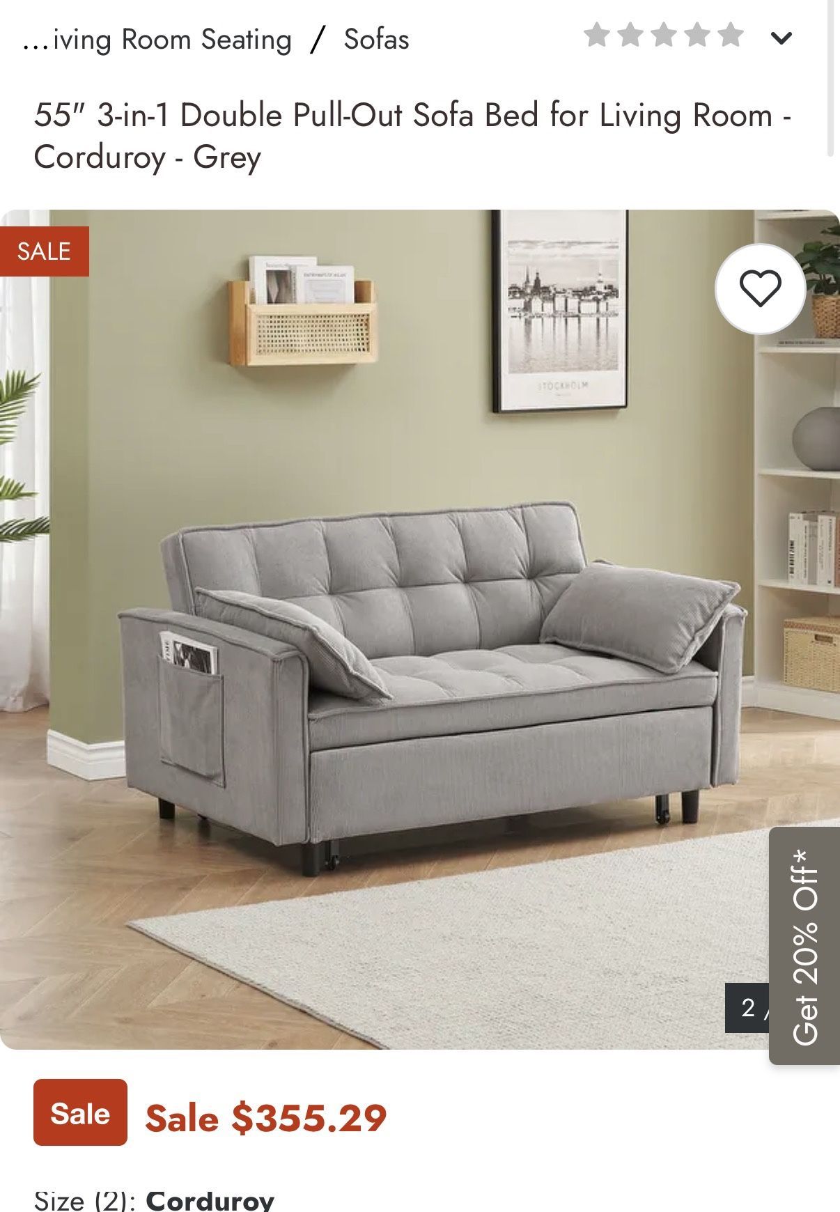 Bed Bath & Beyond 55" 3-in-1 Double Pull-Out Sofa Bed for Living Room - Corduroy - Grey