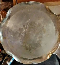 Vintage Round Metal Serving Tray - Scalloped Rim Etched Floral Pattern Unmarked