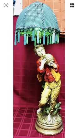48”-Tall Antique Vividly Hand Painted Clay/Porcelain(?) Base Table Lamp