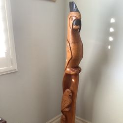 Statue Hand Carved Wood 56” Tall, Cockatoo Parrot Birds On Tree Branch
