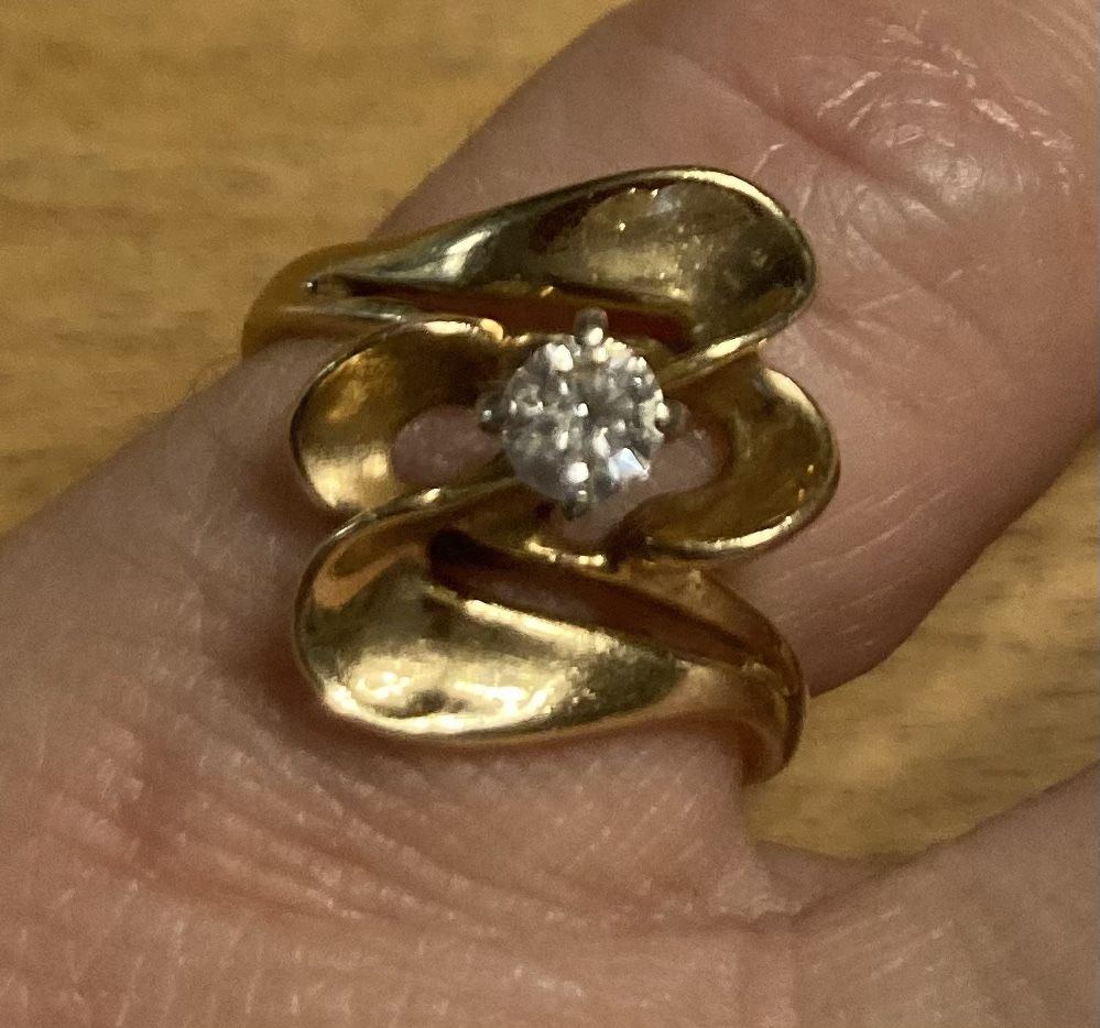 .25 Carat Diamond Solitaire In Unique 14 Kt Yellow Gold Plumb Ring Sz 5