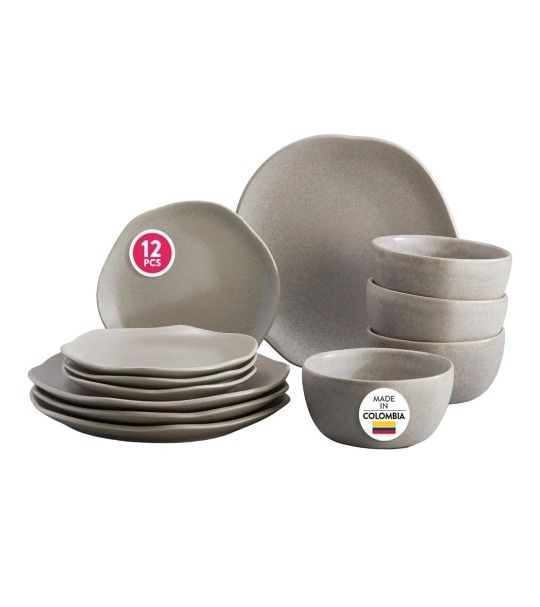 Corona Dinnerware Set 12– piece, Plates and Bowls Set, Ceramic Sets for 4, Microwave and Dishwasher Safe, Concreto Reactive Glaze,All Products : American Fashion Style Bags On Sale