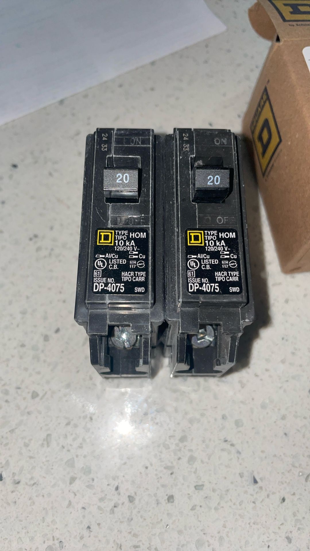 Square D Two 20amp Single Pole Breakers