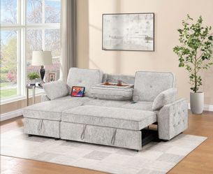 ⚽️ SectionalSofaBed, Reversible Storage Chaise, Light Gray Chenille Fabric, drop down tray table back