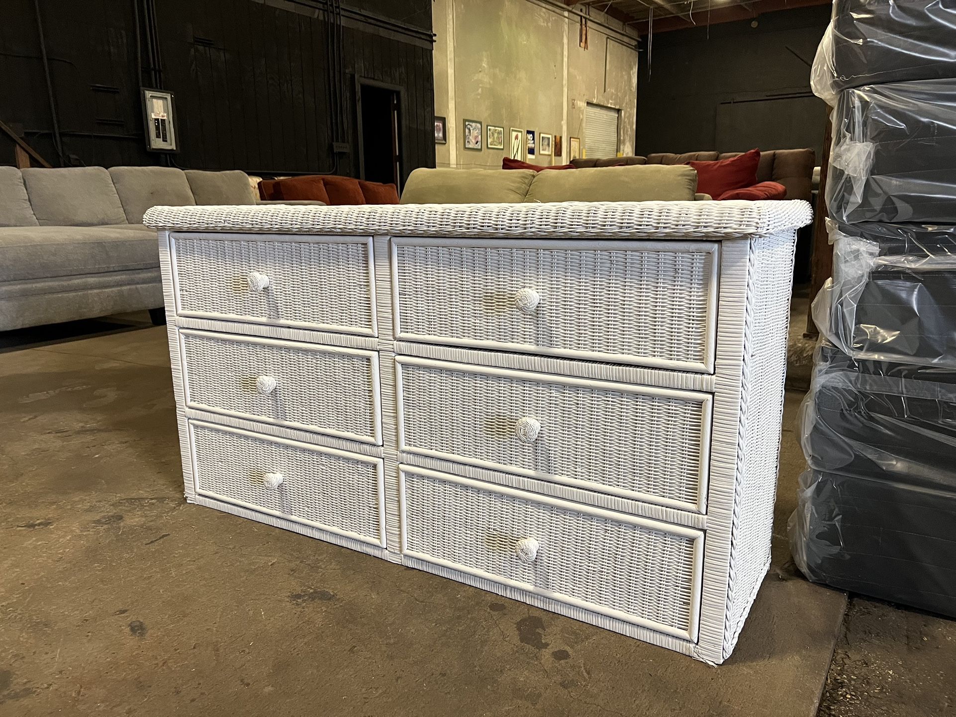 White Wicker Dresser For Only $99. Used Condition. We Can Deliver For Small Fee