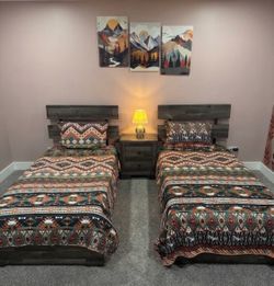 2 twin beds, night stand and dresser