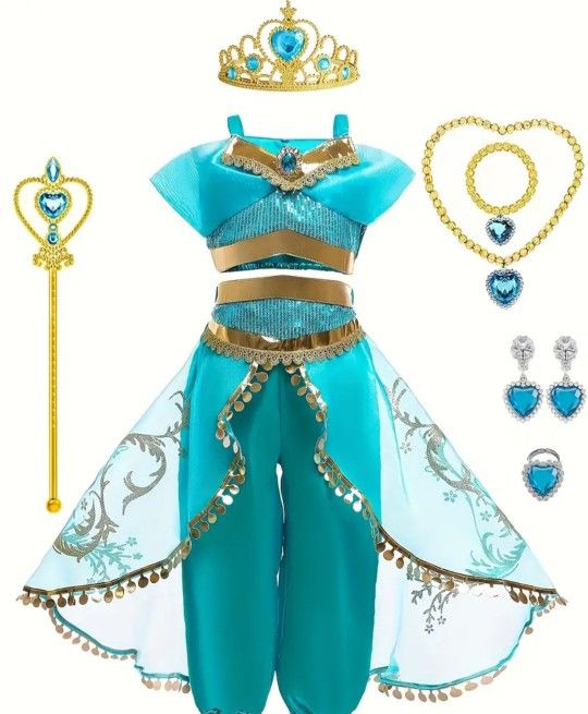 Jasmine princess Themed Party Dress Up Outfit, Fake Jewel Applique Strap Top & Mesh Overlay