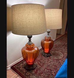 $250-Pair of Large 3Way Light Amber Glass Table Lamps