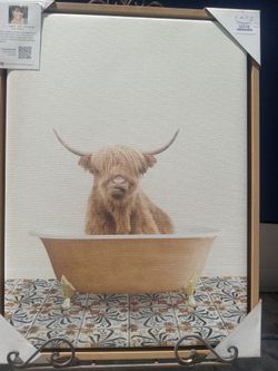 Highland Cow in Bathtub Canvas Wall Art