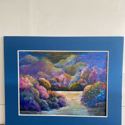Large Colorful Landscape Painting – River, Trees & Mountains (39.5x31.5)