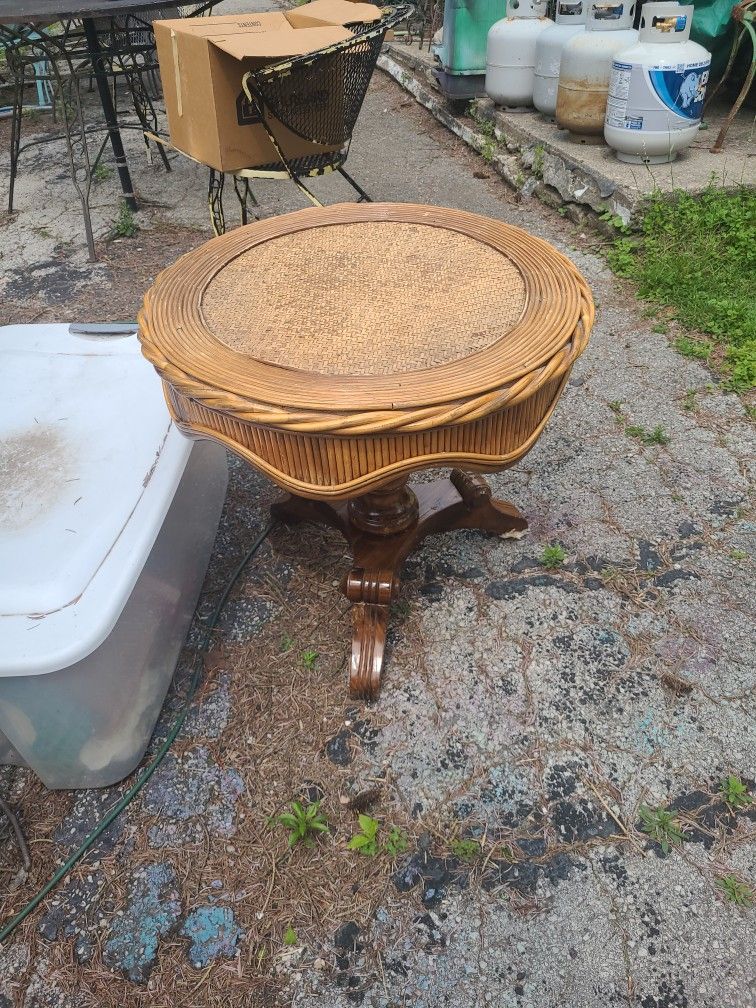 Vintage Rattan Side Table Wood Base