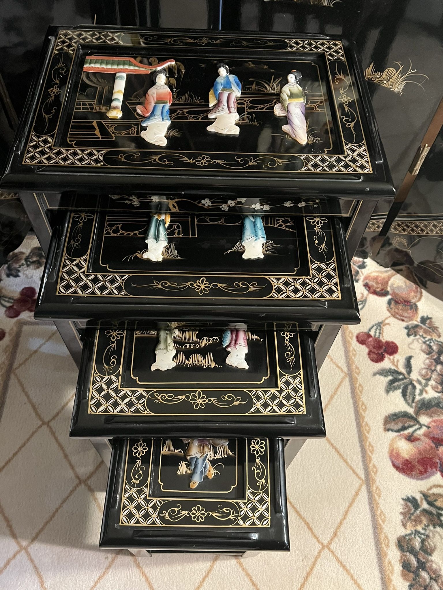 REDUCED 4-ASIAN BLACK LACQUERED EMBOSSED NESTING TABLES
