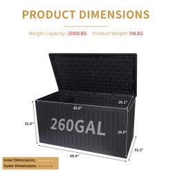 260 Gallon Resin Outdoor Deck Box Waterproof, Extra Large Patio Storage Box with Lockable Storage Containers for Patio Furniture Cushions, Pool Access