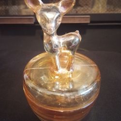 Vintage Jeanette Marigold Carnival Glass Fawn Deer Powder Trinket Covered Dish