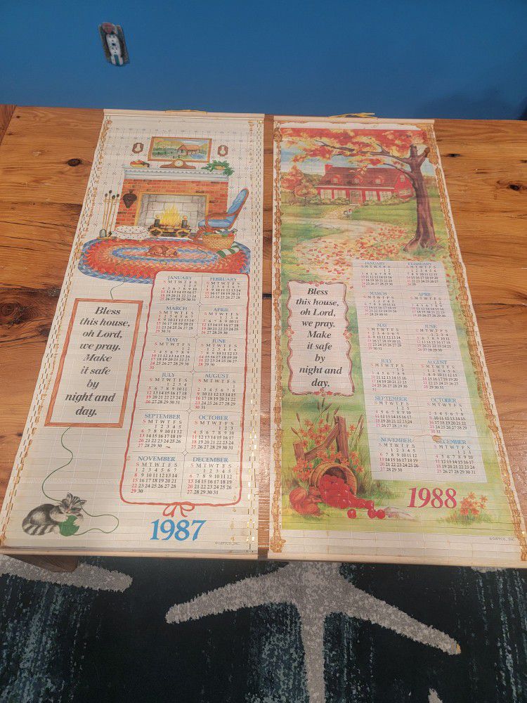 Vintage 1987 & 1988 Large BAMBOO CALENDARS with Beautiful Home Scenery 33"x12.5"