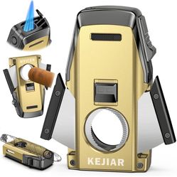 Cigar Lighter, Multi-Purpose Cigar Torch Lighter, Refillable Butane Torch Lighter, Built-in Punch, Wavy Butterfly Double-Blade Cigar Cutter and Stand,