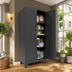 61'' 2 Shapely Doors Cabinet, Metal Storage Cabinet with Doors and Adjustable Shelves, for Bedroom, Living Room(Black)