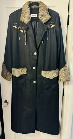 Vtg. Char Santa Fe USA Western Wear Leather and Wool Long Overcoat w Silver Buttons