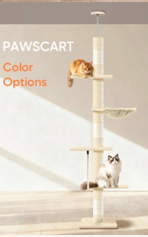 Cat Tree 5-Tier Floor to Ceiling Cat Tree 89-109 Inch, Adjustable Height Cat Tower, Cozy Hammock and Sisal Scratch Post, Provides Vertical Enrichment