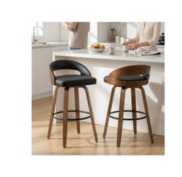 Bar Stools Set of 2 Bar Swivel Chairs 26" Counter Height Mid-Century Modern Bentwood Barstool PU Leather Upholstered with Back and Footrest, for Bar, 