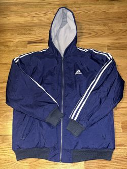 Vintage 90s Adidas Reversible Puffer Jacket Mens Size Med. Full Zip Hooded Blue