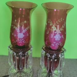 Vintage Cranberry/Red Flash and Prisms Boudoir Hurricane Table Lamps PAIR

