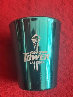 STRATOSPHERE TOWER LAS VEGAS HOTEL CASINO BLUE METALLIC SHOT GLASS ~ Retired ~