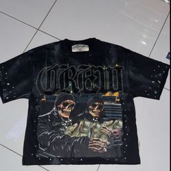 black BKYS Crew F-Terry Cropped T-shirt with a graphic print and decorative stones