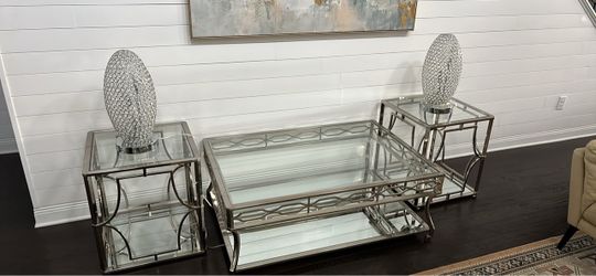 Glass and Chrome Coffee Table Set with End Tables