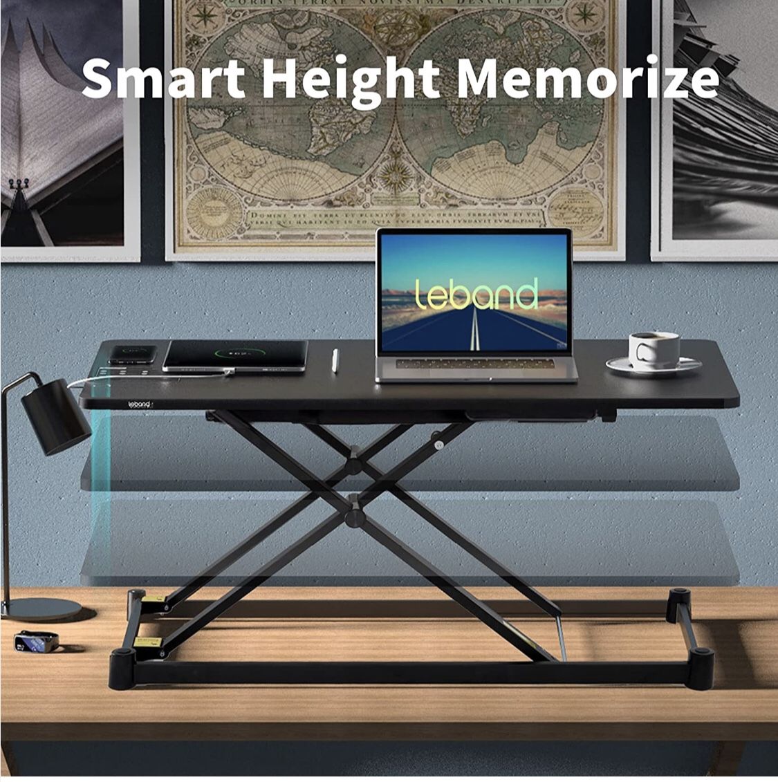 Electric Standing Desk Converter with Wireless Charging and 2 USB Ports, 34'' Height Adjustable Desk Converter with Height Memory Controller and Child
