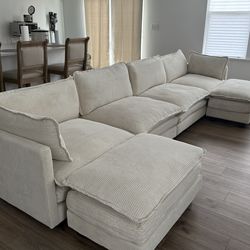 Beige 4 Seater Couch w/ 2 Ottomans- Must Go Moving