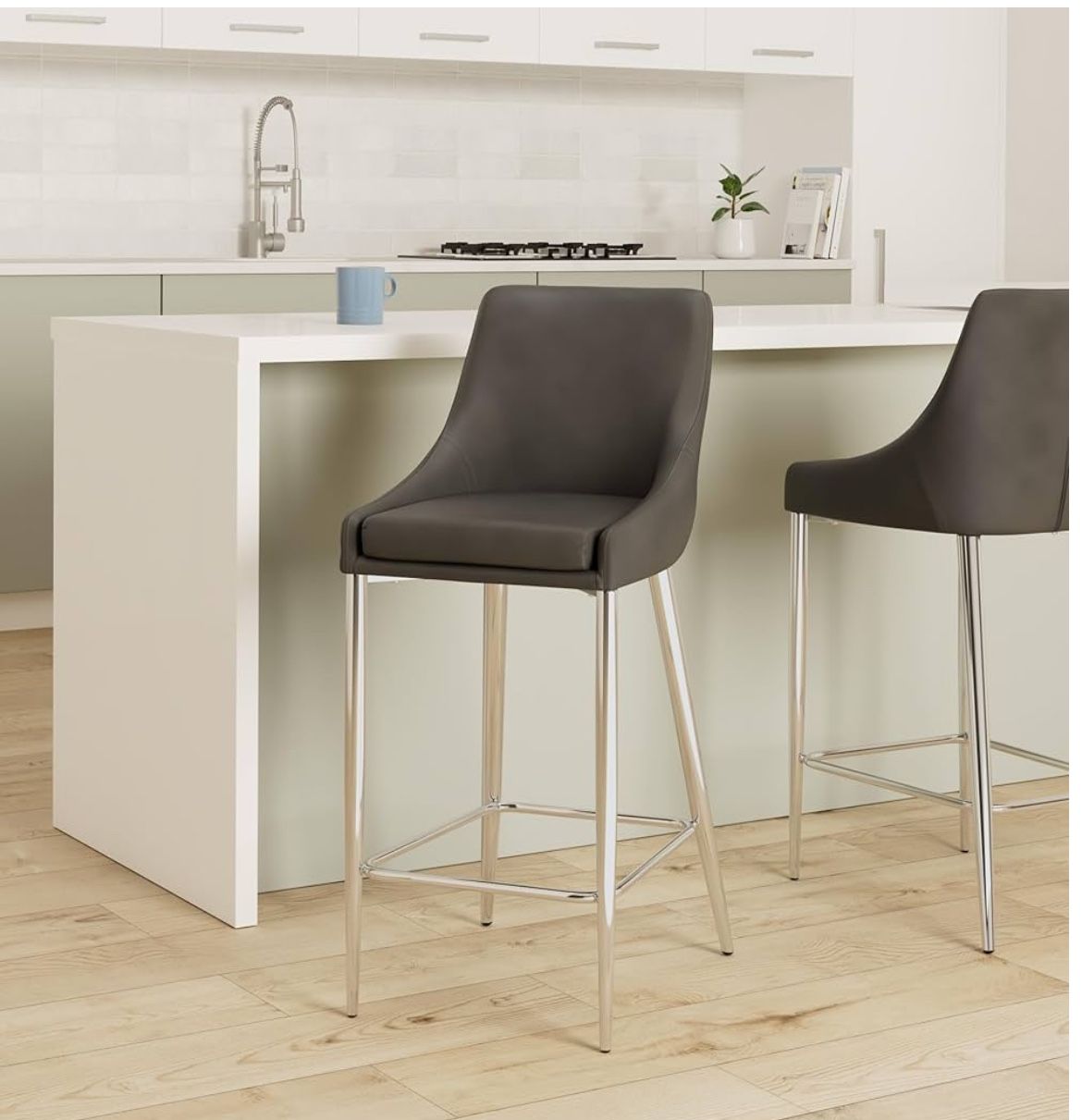 Velvet Counter Stool with Polished Chrome Metal Legs and Foot Rest, Set of 2