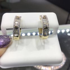 10k Gold Baguettes And Round Diamond Hoops .big Diamond Earrings …💎💎💎💎💎