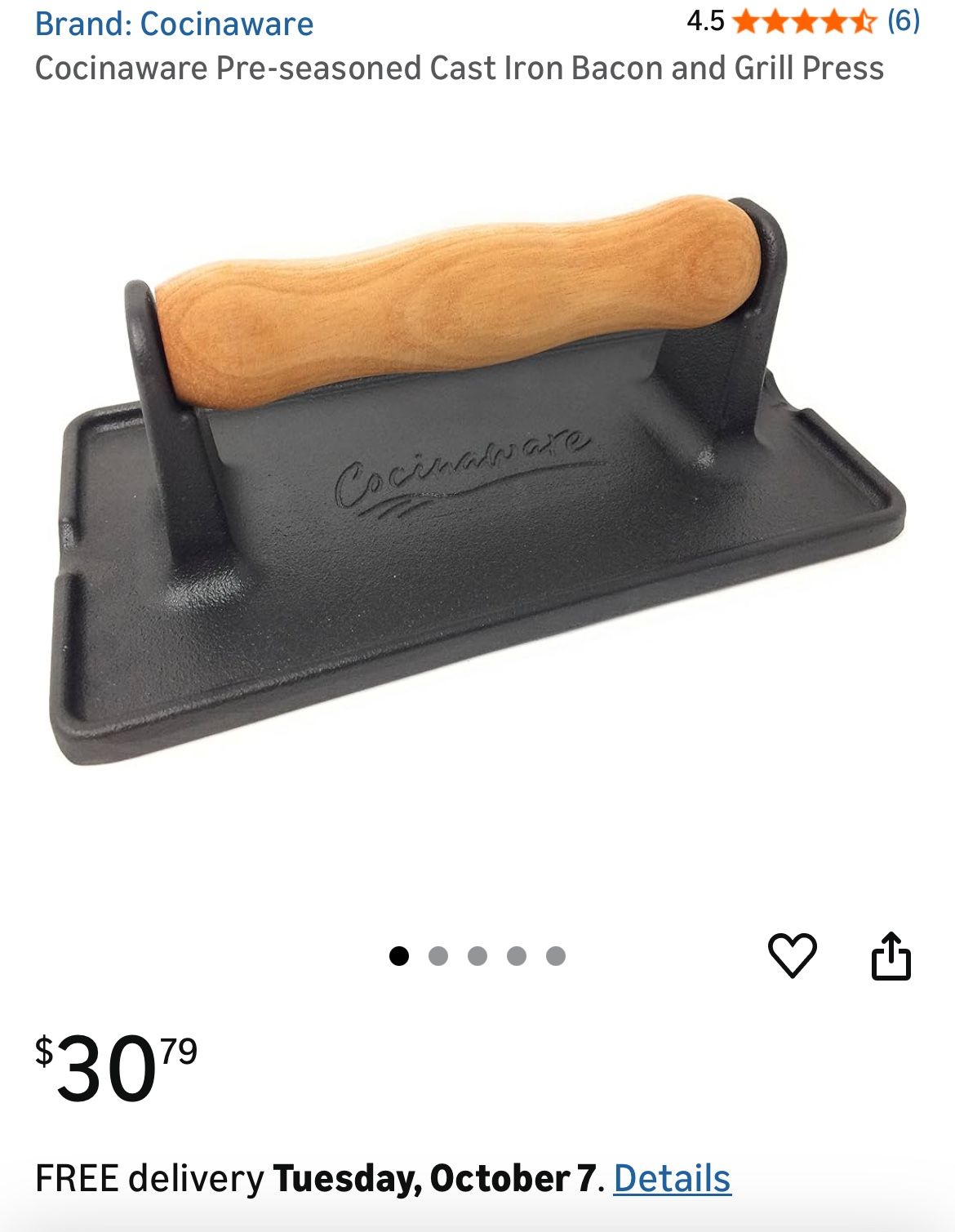 Cocinaware Pre-seasoned Cast Iron Bacon and Grill Press