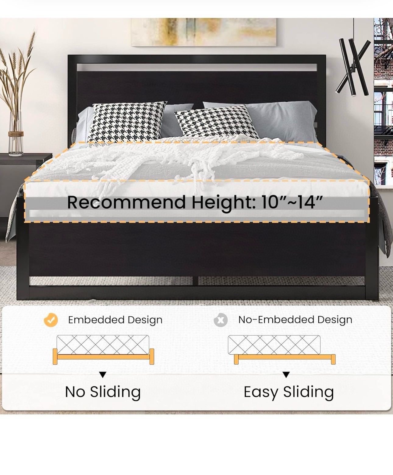 O152 $80 Full Size Bed Frame with Modern Wooden Headboard/Heavy Duty Platform Metal Bed Frame with Square Frame Footboard & 13 Strong Metal Slats Supp