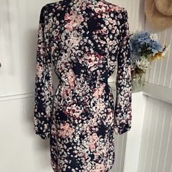 Black Floral Faux Wrap Long Sleeve Dress 