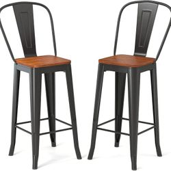 30” Bar Chairs Set of 2 Dining Stools Bar Height Stools with Wood Seat and Removable Backrest, Brown and Black