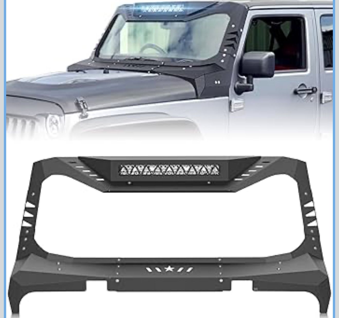 for Wrangler JK Mad Max Windshield Frame Cover with LED Light Bar Insert Roof Sun Visor Cowl Body Armor Compatible with 2007-2018 Jeep Wrangler JK JKU