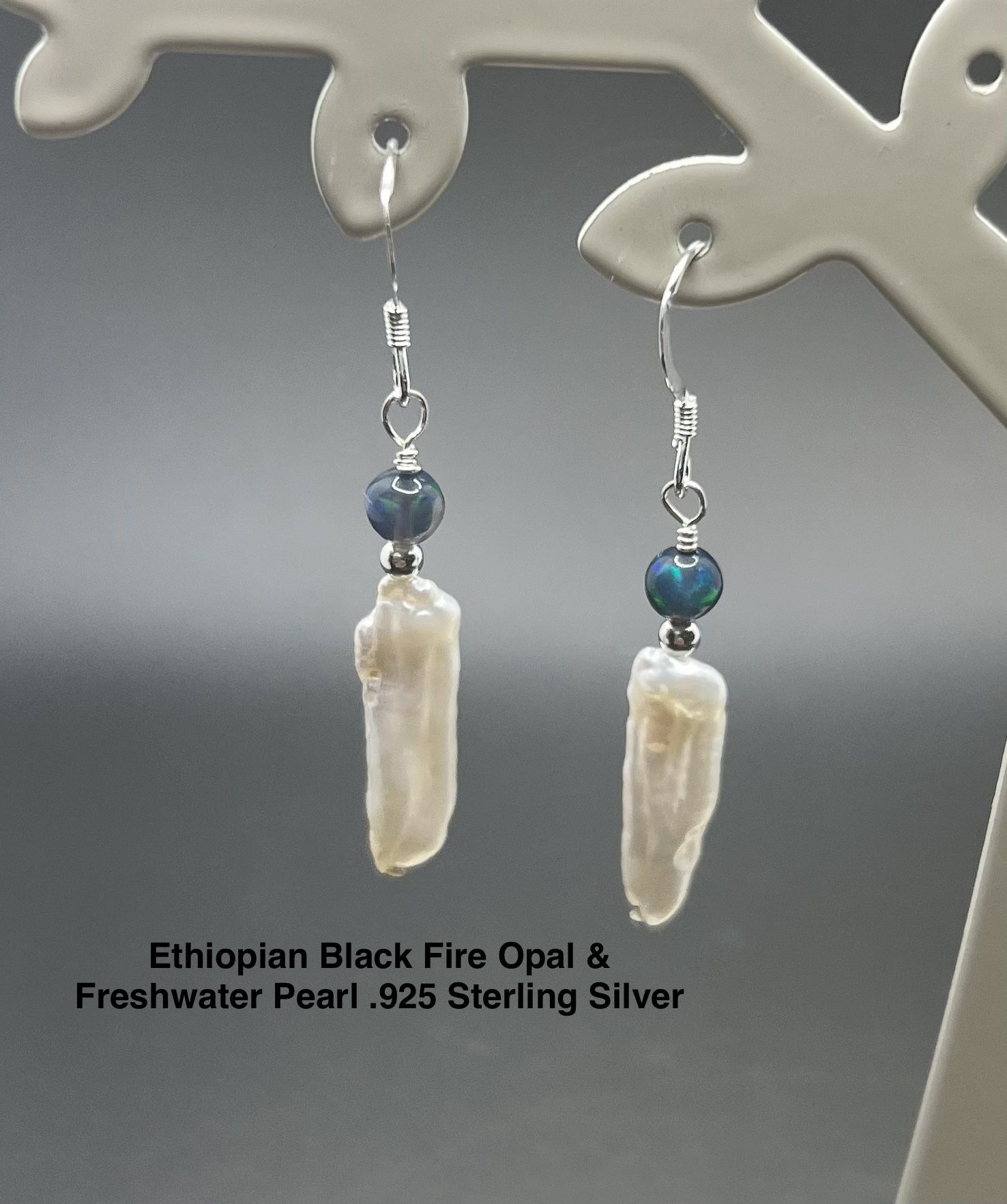 Ethiopian Genuine Black Fire Opal & Freshwater Pearl .925 Sterling Earrings