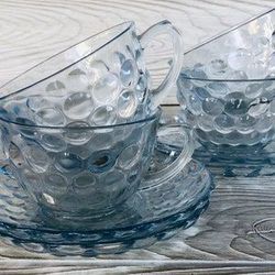 Vintage Anchor Hocking Blue Glass Bubble Cups and Saucers