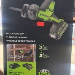 Greenworks 24V 1" Brushless Compact Reciprocating Saw + 2 Ah Battery and Charger 1201802