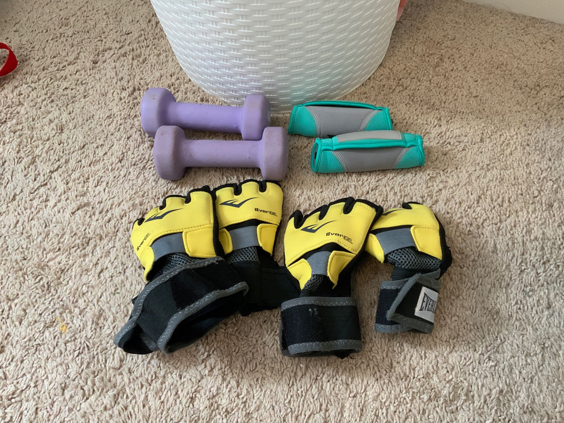 Everlast Gloves and two sets of weights