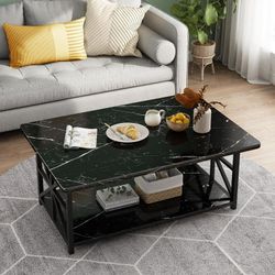 Coffee Table with Round Corners, 2 Tier Coffee Table with Storage Shelf, Rectangular Center Table for Living Room Modern Style, Marble Tea Table 39.37
