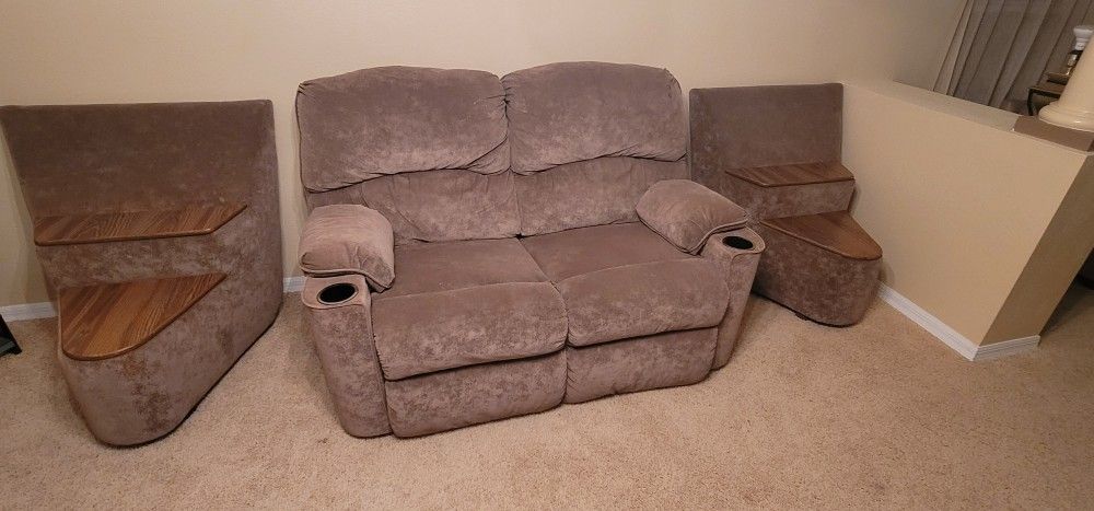 Taupe Reclining Love Seat With 2 Matching End Tables 
