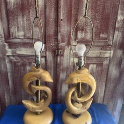 MCM Mid Century Wooden Carved Fish Sculptural Table Lamps
