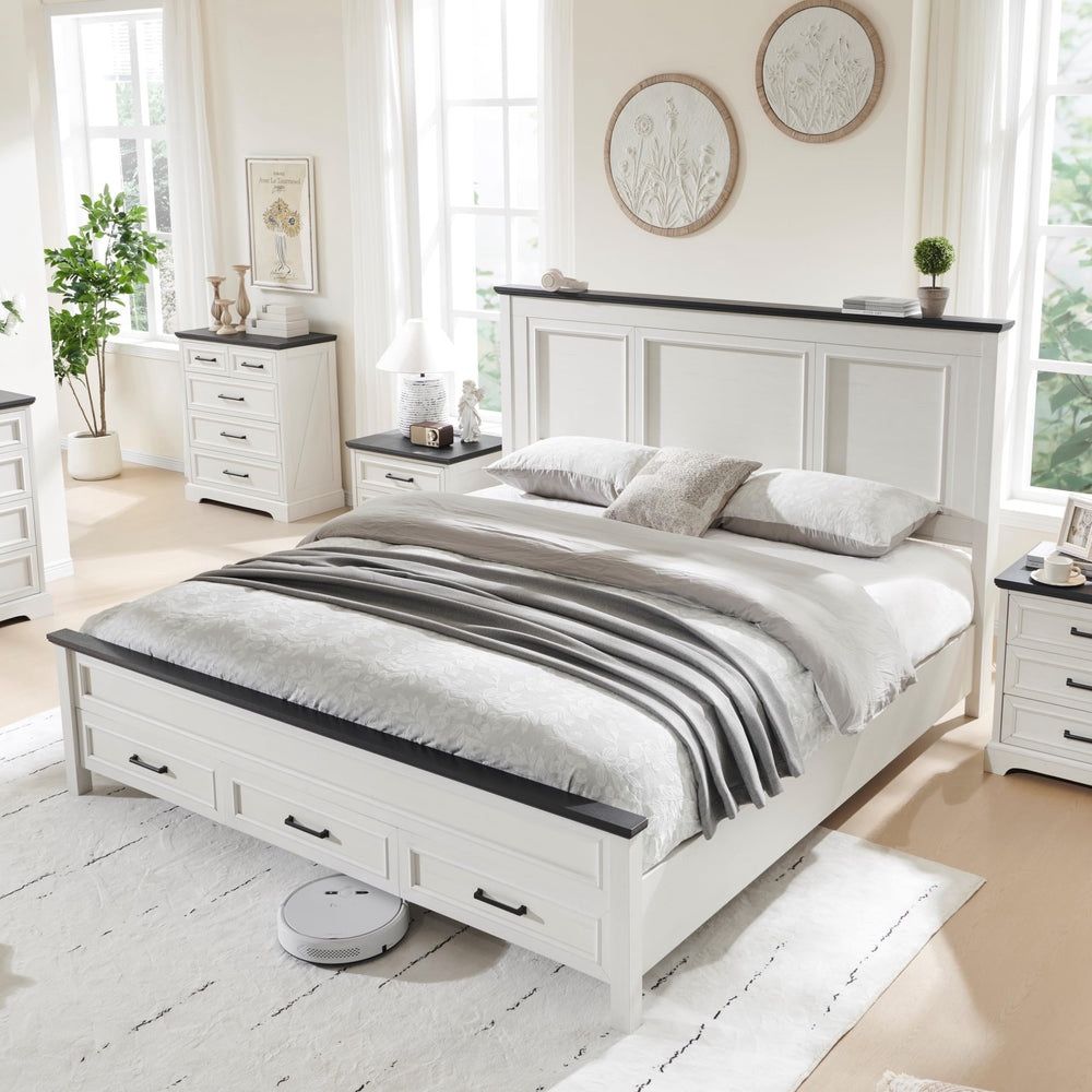 JXQTLINGMU Farmhouse King Wood Bed Frame with 52" Tall Headboard & Footboard, Platform Bedframe with Hidden Storage Drawers, Noiseless, No Box Spring