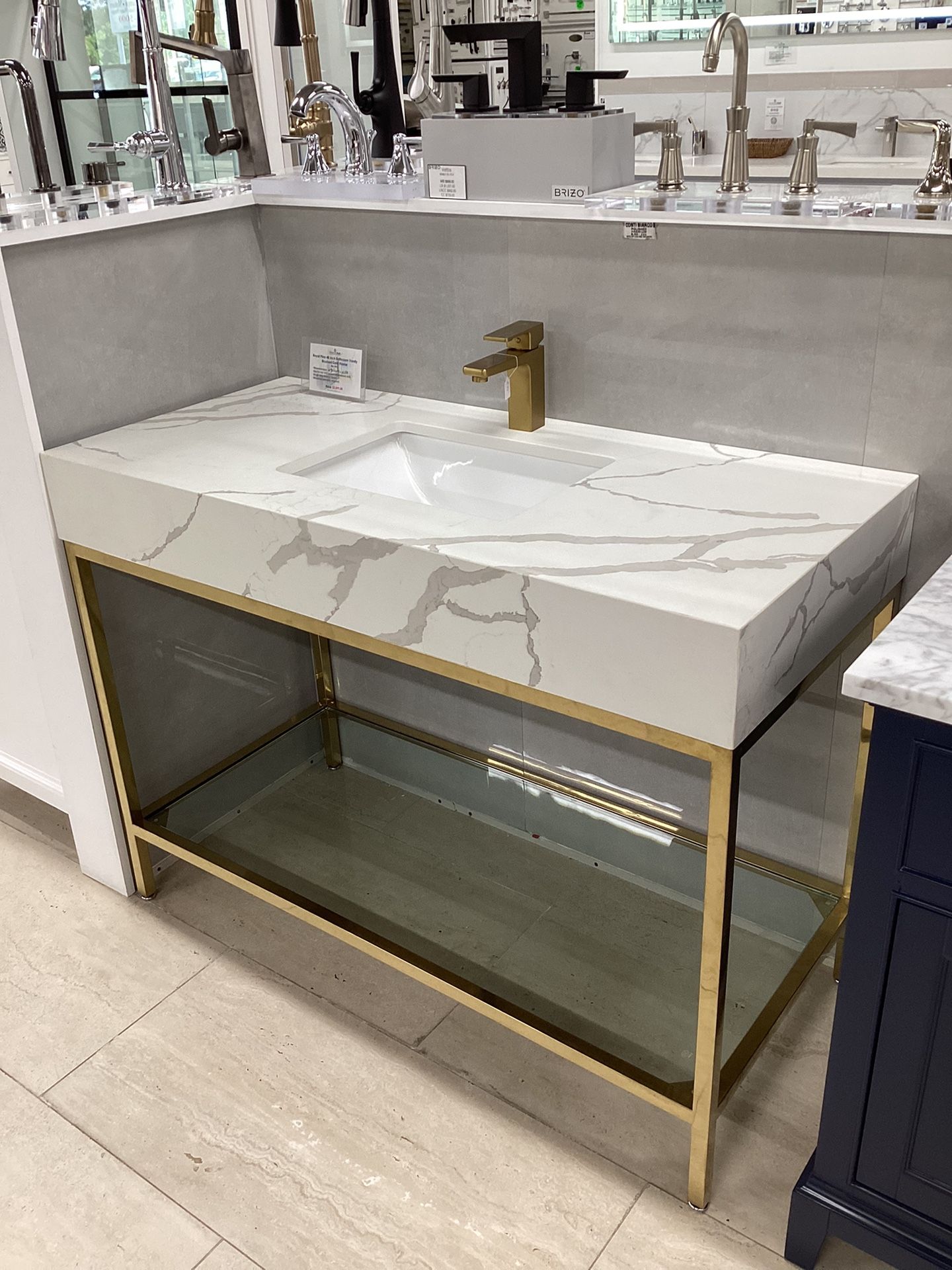48” Bathroom Vanity Cabinet Polished Brass Finish With Quartz Top With Sink Attached
