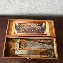 Antique Child’s Carpenter Tool Set – Red Dovetailed Box (c. 1920s–30s)
