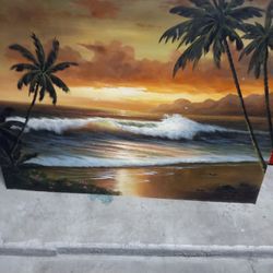 Sunset In Maui, Oil On Canvas Painting, Vintage Mural 
